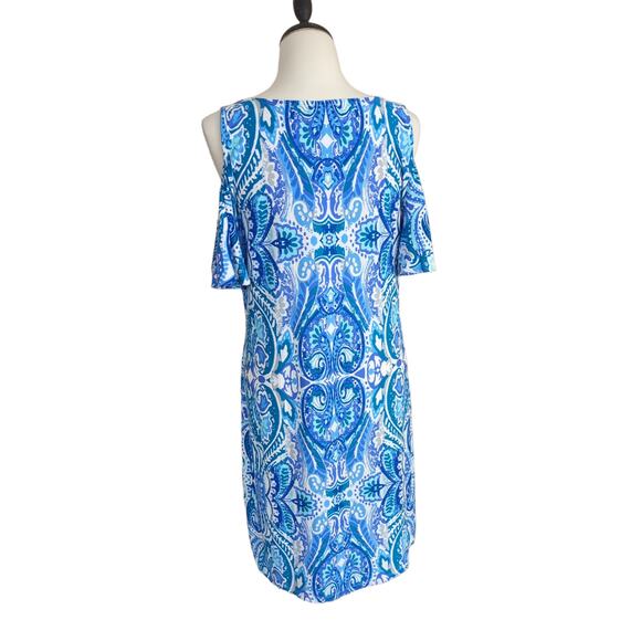 Blue Cold Shoulder Textured Print Dress Size L - Picture 3 of 3
